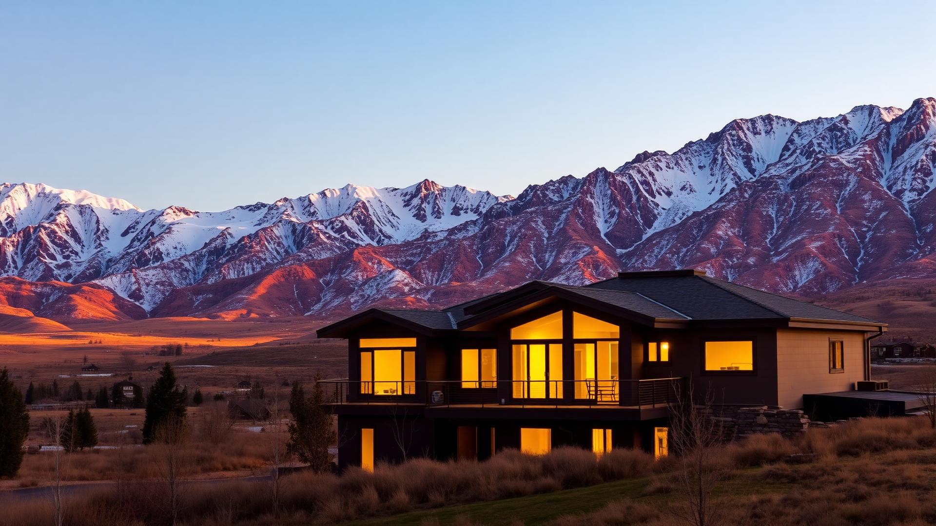 Utah luxury home with snow-capped Wasatch mountains at golden hour